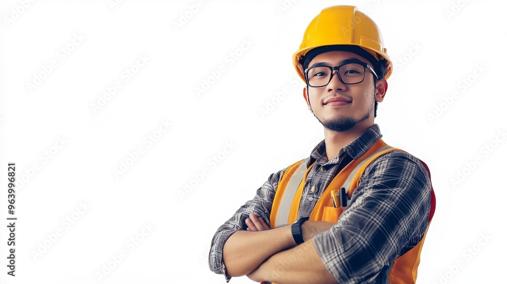 Handsome Asian engineer on white. Handsome Asian engineer on white.