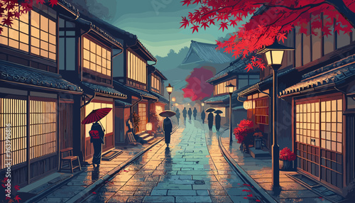 People holding umbrellas in rainy Kyoto. Vector illustration.