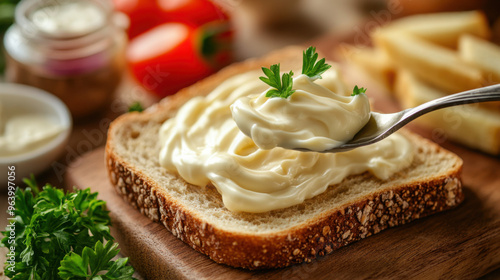 A spoonful of mayonnaise being spread on a slice of bread, with sandwich ingredients nearby.