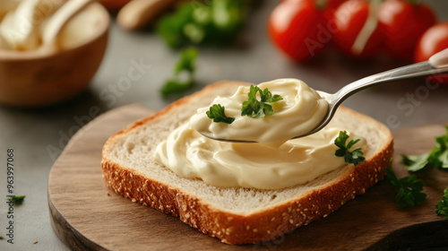 A spoonful of mayonnaise being spread on a slice of bread, with sandwich ingredients nearby.