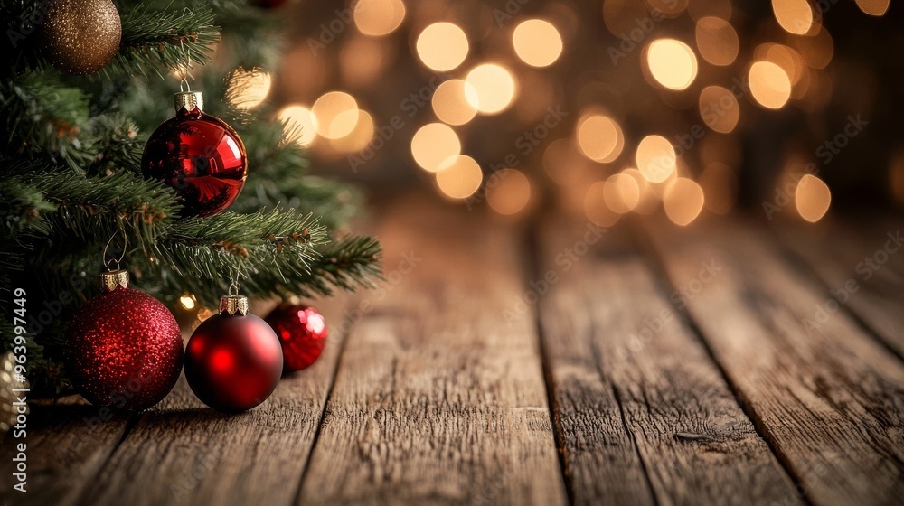 Xmas tree decor on wood, bokeh ornaments. Xmas tree decor on wood, bokeh ornaments.
