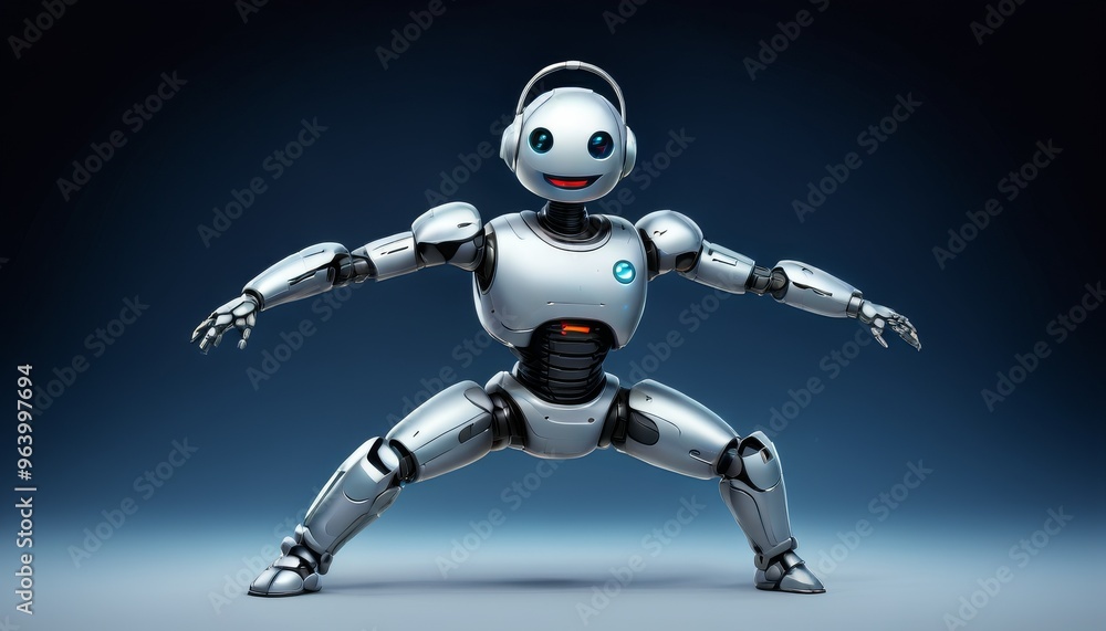 Fototapeta premium A dynamic robot striking a pose with arms and legs wide apart, set against a dark background. This energetic and athletic android exudes excitement and movement, making it suitable for sports and
