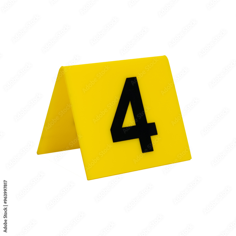 Crime scene investigation. Yellow marker for identification of material evidence on a white background number 4