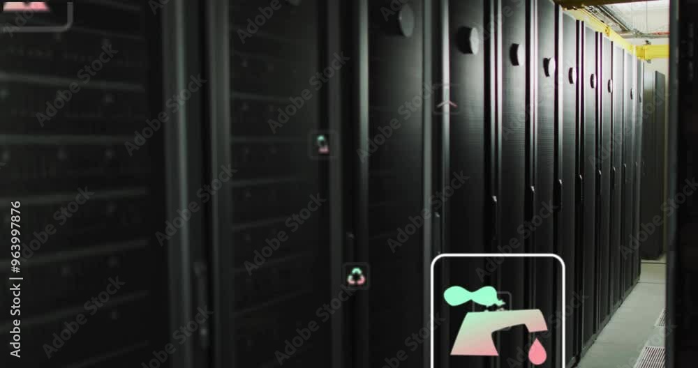 Animation of eco icons and data processing over computer servers Animation of eco icons and data processing over computer servers
