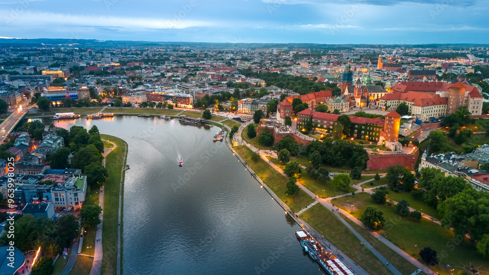 Fototapeta premium aerial view of krakow center and wawel royal castle at sunset in summer in poland