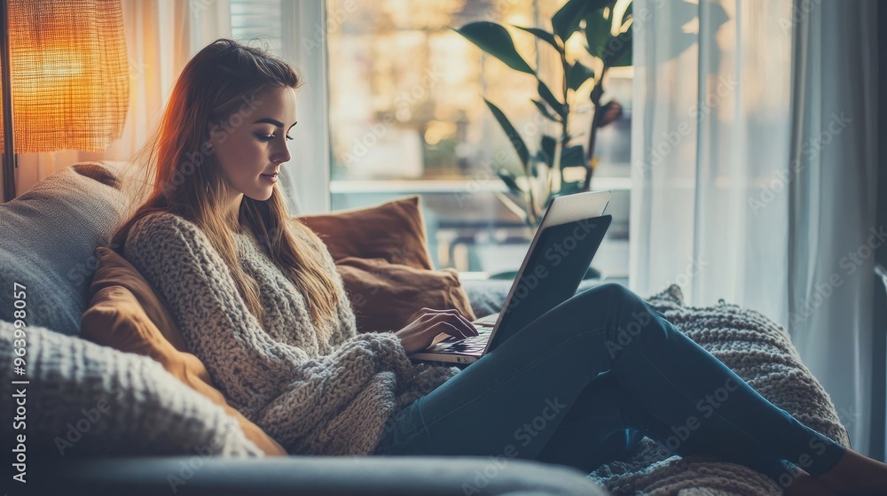 Woman works on laptop at home. Freelancer.