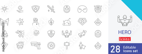 Hero thin line icon set. containing  mask icon, strong, heroic figure,  gun, punch, special, sword, mask , fighter and more line art collection