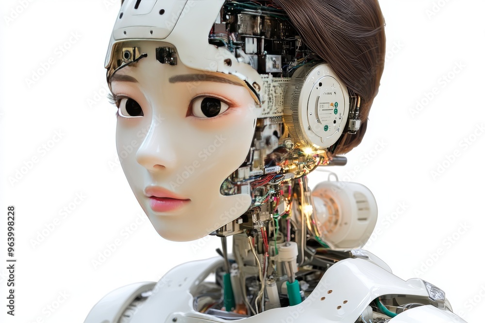 Neural networks cybernetic decay and digital particles android girl with exposed internal circuits and delicate human like features Neural networks cybernetic decay and digital particles android girl with exposed internal circuits and delicate human like features