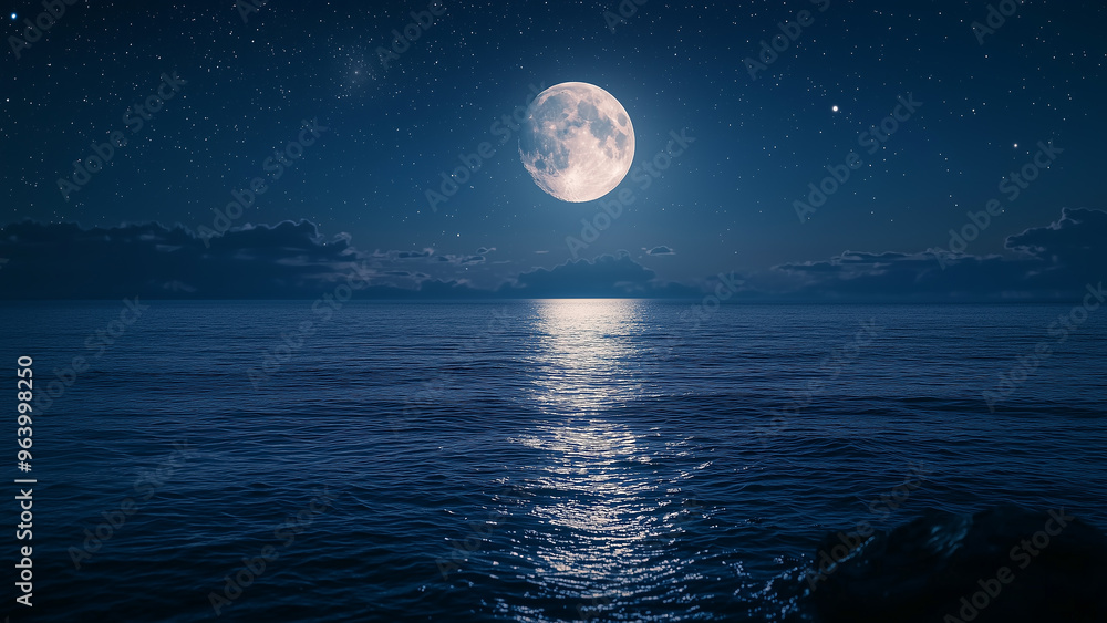 Full Moon Over Ocean Starry Night Moonlight Reflection Full Moon Over Ocean Starry Night Moonlight Reflection