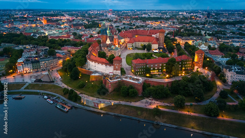 aerial view of krakow center and wawel royal castle at sunset in summer in poland