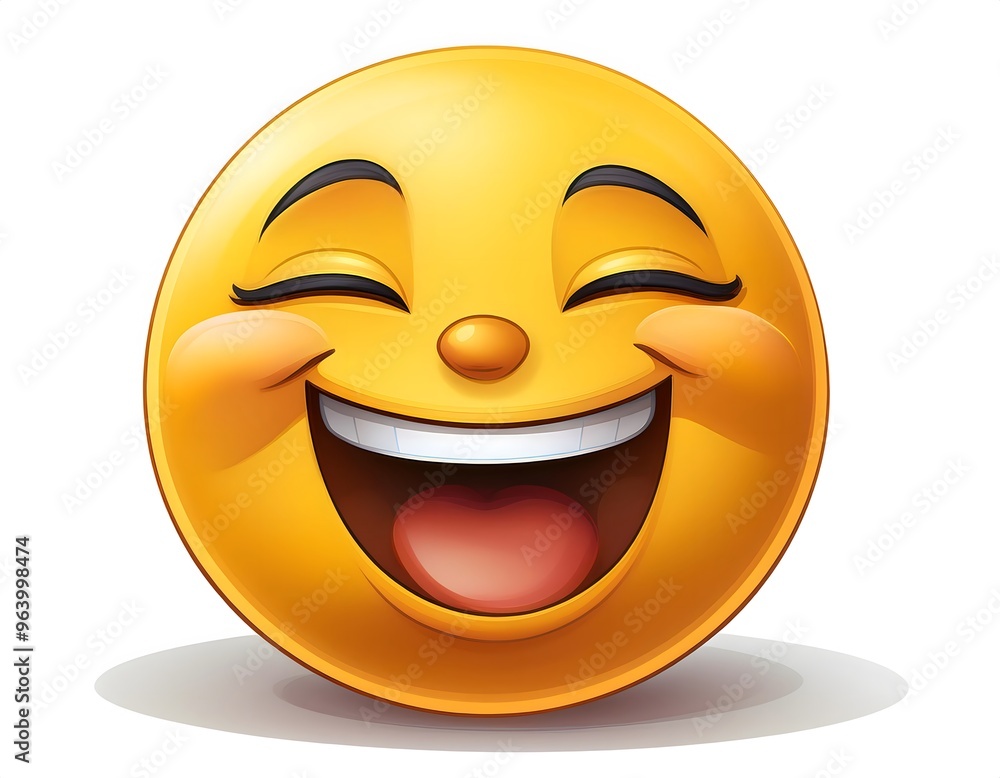 Fototapeta premium Happy Smiley Emoji. A round yellow emoji with a big smile and closed eyes, expressing joy and happiness, isolated on white.