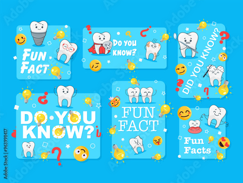 Fun facts about dental care featuring playful tooth illustrations and engaging questions on a bright blue background