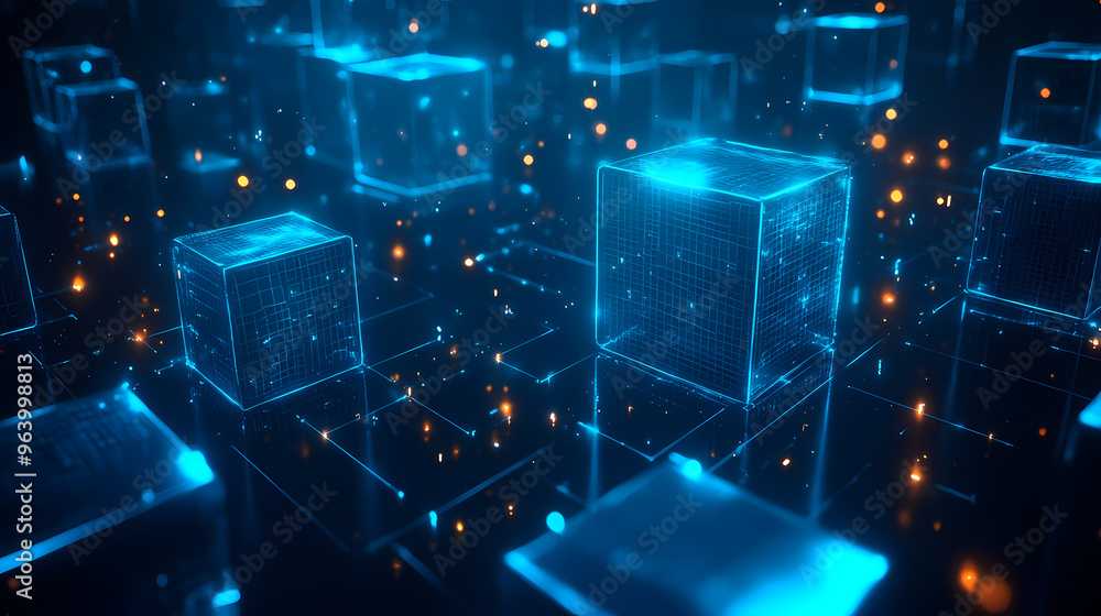 Futuristic tech space with glowing blue cubes Futuristic tech space with glowing blue cubes
