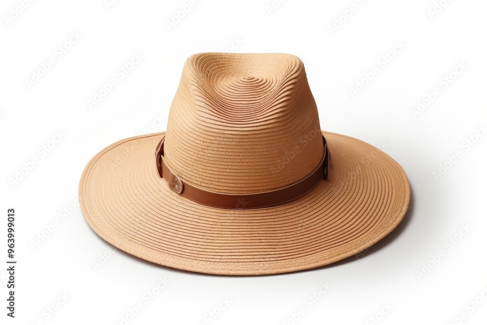 Stylish brown wide-brimmed hat with a leather band resting on a white background Stylish brown wide-brimmed hat with a leather band resting on a white background
