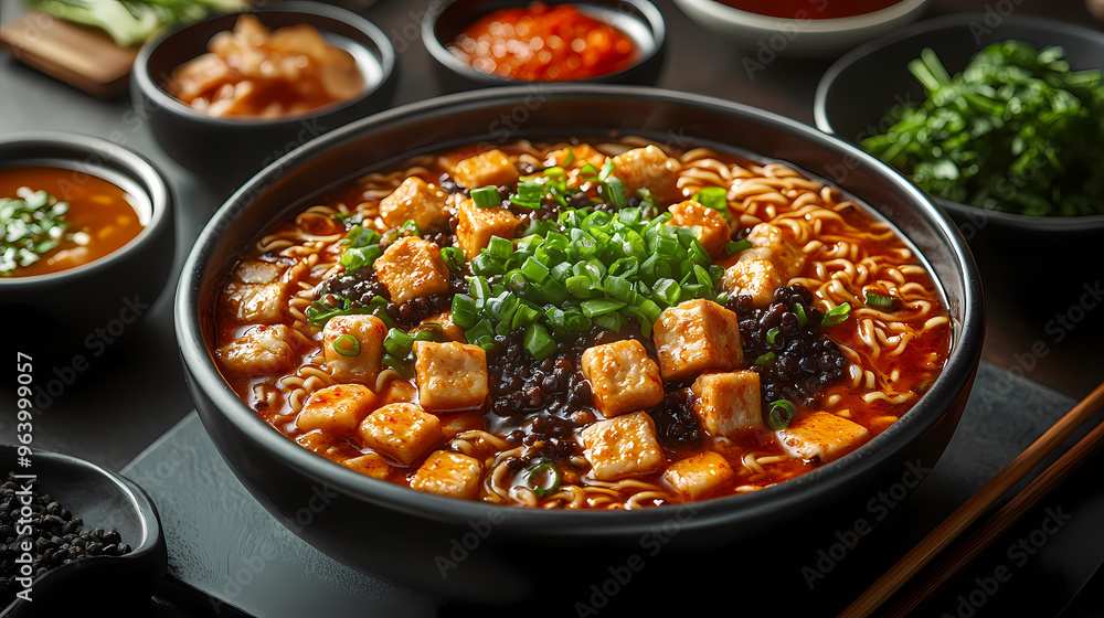 A stylish restaurant setting with a bowl of Jajangmyeon placed in the center. A stylish restaurant setting with a bowl of Jajangmyeon placed in the center.