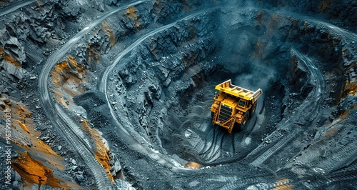 Aerial view of a large open pit mine with a yellow dump truck hauling ore. Mining operation, industrial work, heavy machinery.