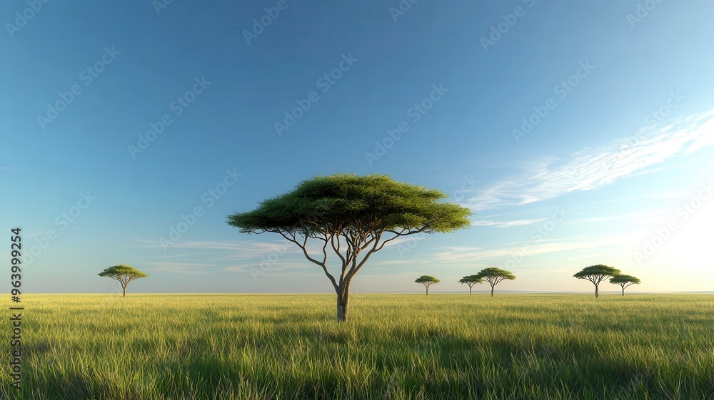 Obraz premium Savannah with acacia trees and vast grasslands, front view, captures expansive wilderness, cybernetic tone, Complementary Color Scheme