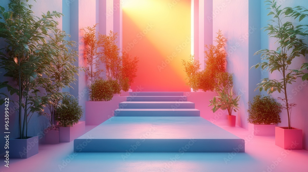 A serene pathway illuminated by soft light and surrounded by plants. A serene pathway illuminated by soft light and surrounded by plants.