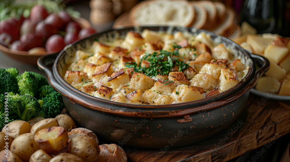 Fondue set with Gruyère and Emmental cheese, melted and served with bread cubes, steamed broccoli, and baby potatoes in a refined setting Fondue set with Gruyère and Emmental cheese, melted and served with bread cubes, steamed broccoli, and baby potatoes in a refined setting