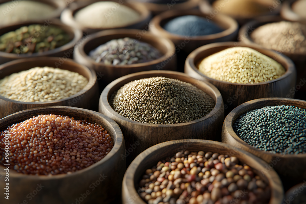 Organic grains, assorted in wooden bowls, 3D illustration Organic grains, assorted in wooden bowls, 3D illustration