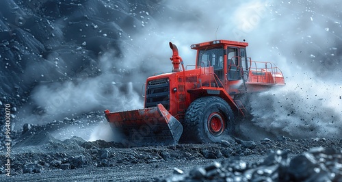 A powerful red mining truck is shown moving dirt and rocks at a coal mine, with plumes of smoke rising from its exhaust. The vehicle is seen close up as it traverses the rough terrain.