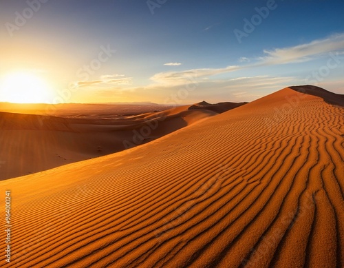 "Golden hour desert landscape with towering sand dunes and soft, warm light illuminating the horizon"