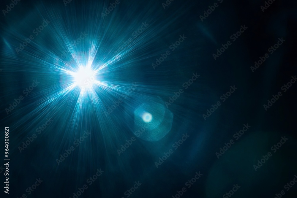 Fototapeta premium Lens flare glow light effect on black. image of rays light effects, overlays or flare isolated on black background for design. lens flare light over black background, ai