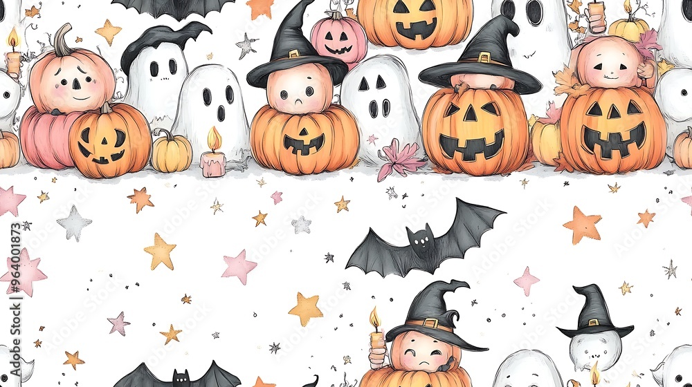 A playful doodle-style seamless pattern featuring a parade of cute pumpkins holding tiny candles, some with bat wings, others wearing little witch hats, surrounded by ghosts, bats, A playful doodle-style seamless pattern featuring a parade of cute pumpkins holding tiny candles, some with bat wings, others wearing little witch hats, surrounded by ghosts, bats,