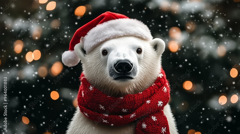 A cute polar bear wearing a red scarf and a Santa hat, set against a winter background with falling snowflakes A cute polar bear wearing a red scarf and a Santa hat, set against a winter background with falling snowflakes