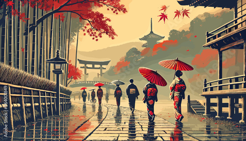 People holding umbrellas in rainy Kyoto. Vector illustration.