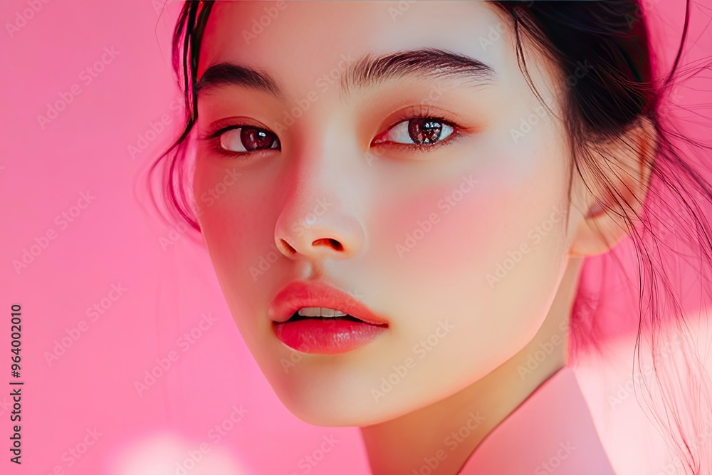 Light beauty portrait of a young Asian woman shot against a pink background, ai Light beauty portrait of a young Asian woman shot against a pink background, ai