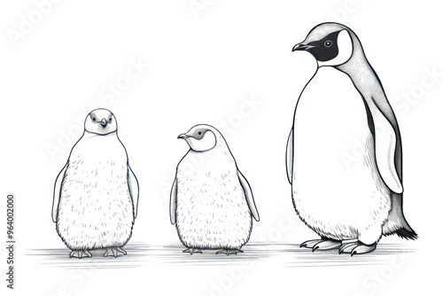 Penguin family illustration black white