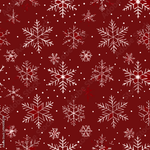 Seamless winter pattern with white snowflakes on a festive red background

