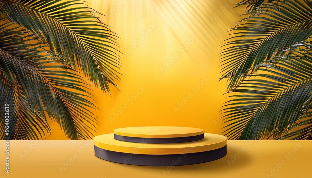 Yellow podium with palm leaves on a yellow background Yellow podium with palm leaves on a yellow background