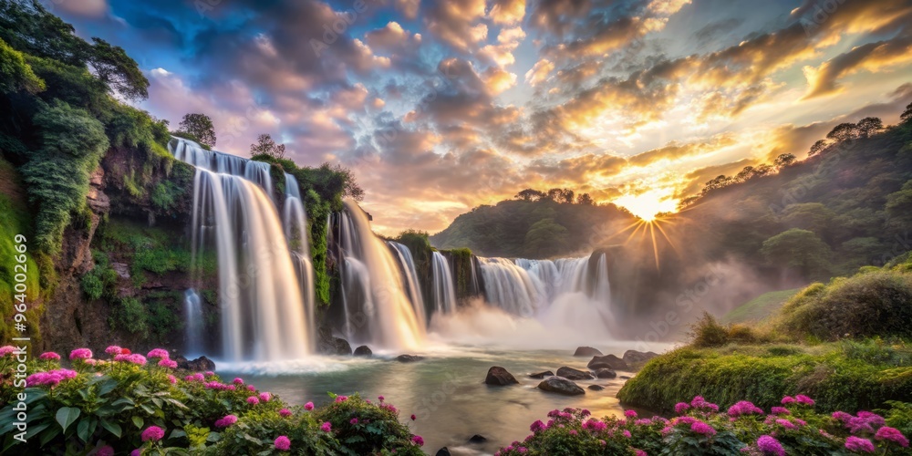 Merdai Falls in the morning, as delicate, petal-soft clouds drift down, entwining themselves around the falls, creating a surreal, dreamlike atmosphere. Merdai Falls in the morning, as delicate, petal-soft clouds drift down, entwining themselves around the falls, creating a surreal, dreamlike atmosphere.