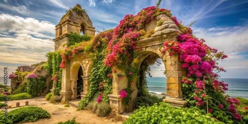 Peruvian Coast (Desert coastline with ancient ruins and archaeological sites) in June  - The ruins of an ancient temple are reclaimed by nature, as vines and flowers swirl  photo