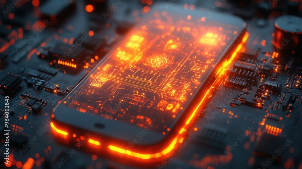 A glowing smartphone with a circuit board pattern visible through the screen, resting on a motherboard. A glowing smartphone with a circuit board pattern visible through the screen, resting on a motherboard.