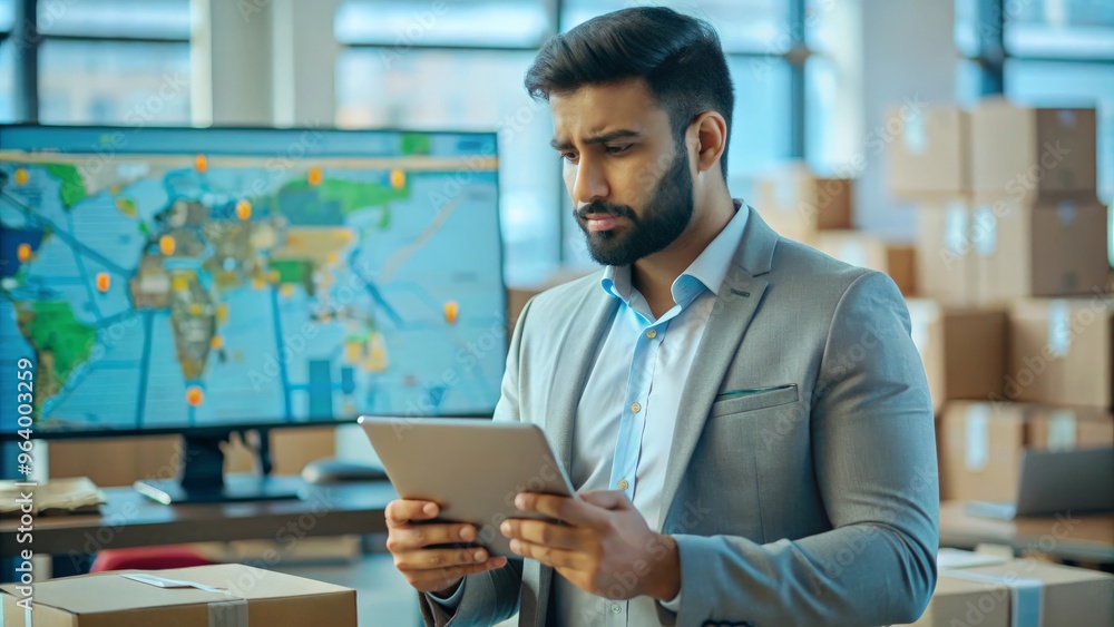 Fototapeta premium An Indian logistics professional using a digital map to track deliveries, set in a modern office environment.