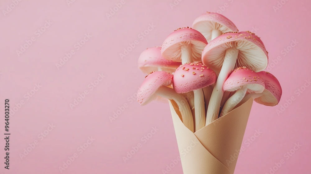 Mushroom organic vegetable food for cooking on brown paper bouquet package Mushroom organic vegetable food for cooking on brown paper bouquet package