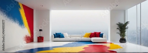 Modern Living Room with Colorful Abstract Rug and Wall Art