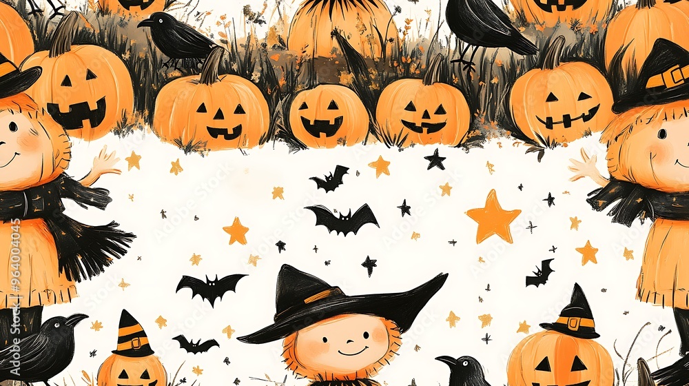 Adorable doodle-style seamless pattern featuring a cuddly scarecrow in a pumpkin patch, with crows in tiny hats perched on pumpkins, surrounded by stars and bats, soft pastel tones, Adorable doodle-style seamless pattern featuring a cuddly scarecrow in a pumpkin patch, with crows in tiny hats perched on pumpkins, surrounded by stars and bats, soft pastel tones,
