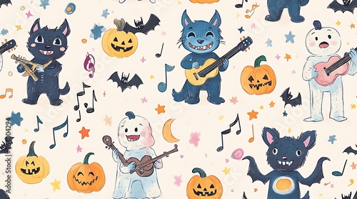 Adorable doodle-style seamless pattern featuring monsters like werewolves, vampires, and mummies playing instruments, with floating musical notes, pumpkins, stars, and moons, soft pastel tones,
