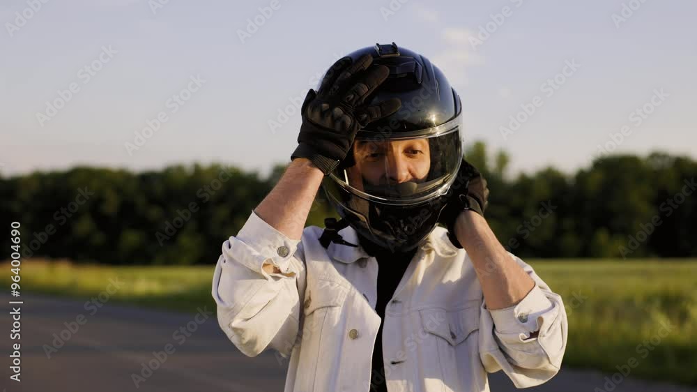 Man getting ready for a motorcycle ride, putting on black helmet. Scene captures moment of preparation, highlighting rider's hands and helmet as he gears up. The biker is dressed in a white jacket. Man getting ready for a motorcycle ride, putting on black helmet. Scene captures moment of preparation, highlighting rider's hands and helmet as he gears up. The biker is dressed in a white jacket.