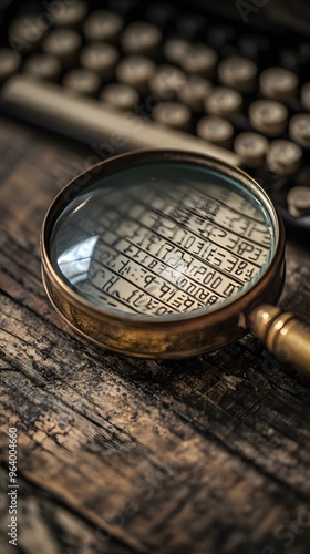 Magnifying Glass Over Typewriter Keys and Wooden Surface