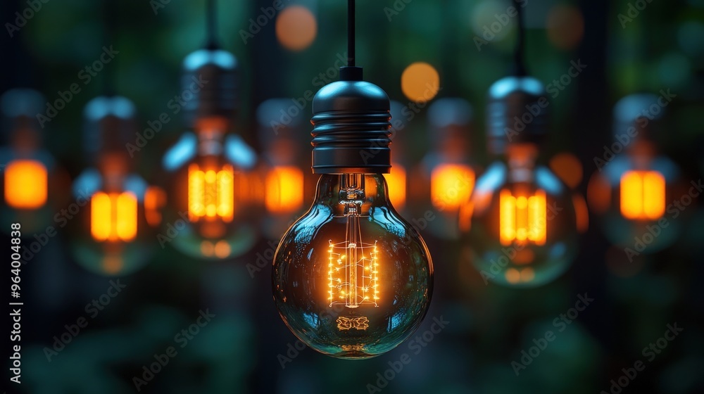 A string of glowing Edison bulbs hanging against a dark background. A string of glowing Edison bulbs hanging against a dark background.