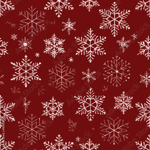 Seamless winter pattern with white snowflakes on a festive red background

