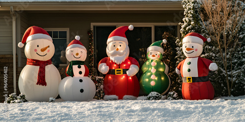 Festive Christmas Scene with Inflatable Tree and Snowmen Joyful Christmas Yard Decor with Inflatable Tree and Snowman Family Enchanting Christmas Yard Display with Inflatable Tree and Colorful Snowm photo