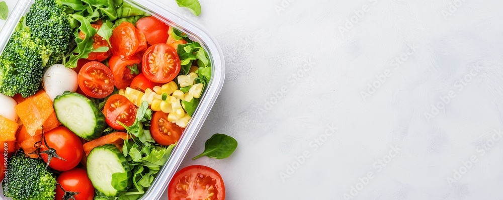 Fresh vegetable salad with tomatoes, cucumber, and greens in a bowl on a light background for healthy eating. Fresh vegetable salad with tomatoes, cucumber, and greens in a bowl on a light background for healthy eating.