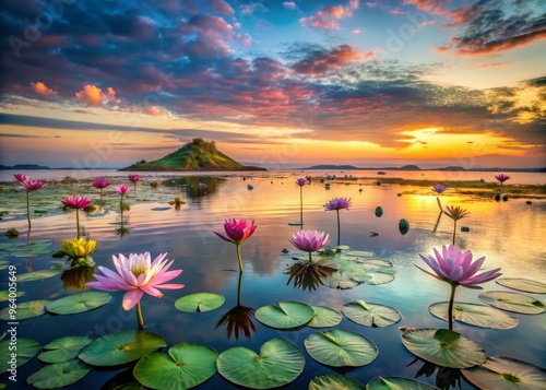 Lake Turkana in the evening, transformed into a surreal, dreamlike realm, where gravity-defying lotus flowers bloom, supporting islands of lush, vibrant flora. photo