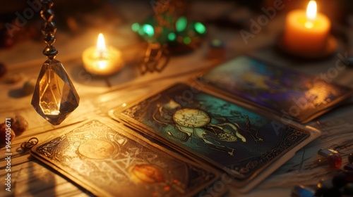 Tarot cards and a pendulum in motion, with detailed tarot cards, a crystal, and soft candlelight